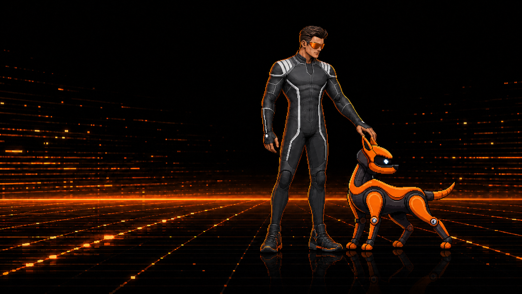 Agent DC standing next to the robodog after the run